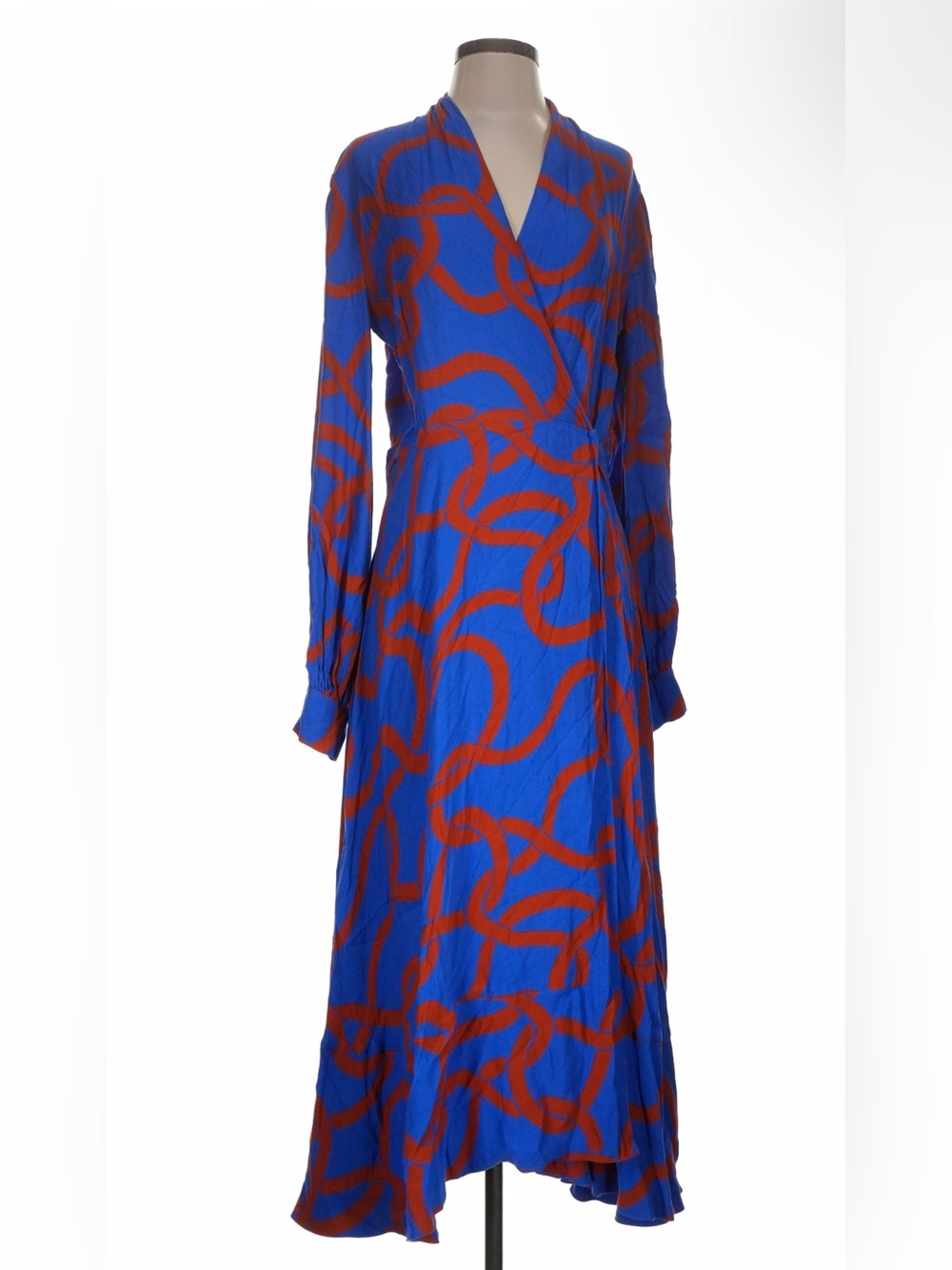 STINE GOYA REFLECTION DRESS Blue & Red Long Sleeve Wrap Maxi Dress EUC